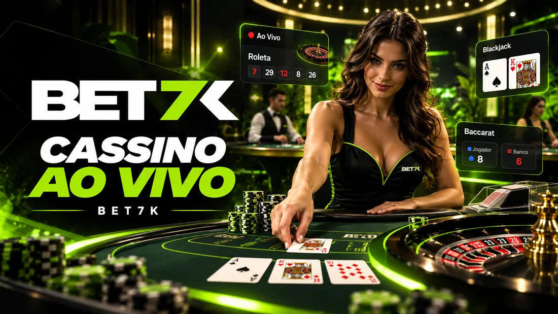 Crupiê da Bet7K distribui cartas em mesa de bacará ao vivo, com atalhos de roleta e blackjack